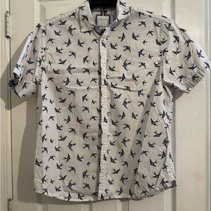 Denim & Flower White Shirt with Bird Pattern